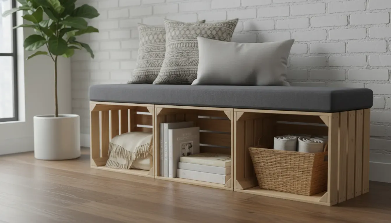 A DIY storage bench made from crates with a grey upholstered top and pillows