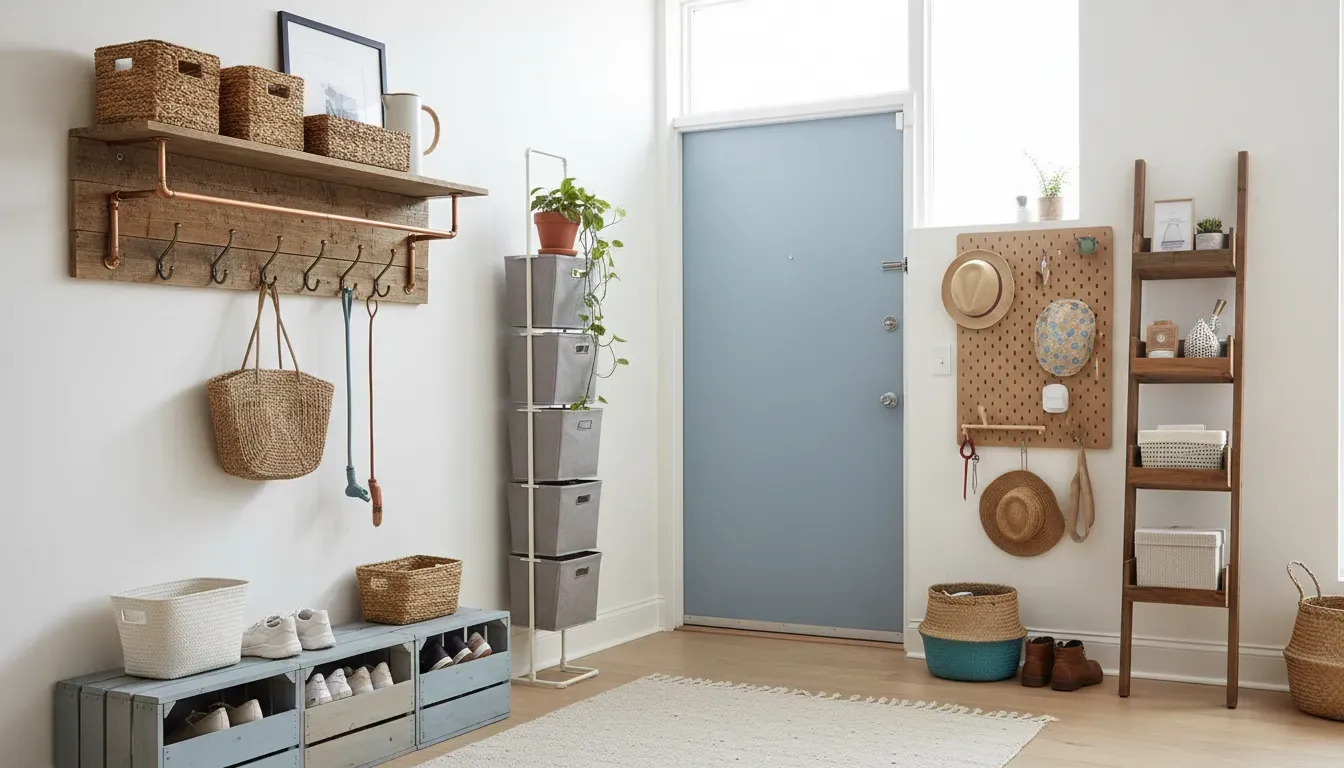 DIY entryway storage project with wooden crates and a shoe rack in a budget apartment entryway
