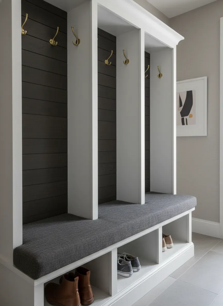 Detailed shot of open locker cabinetry in a tiny mudroom showing brass hooks and integrated shoe storage beneath the bench.
