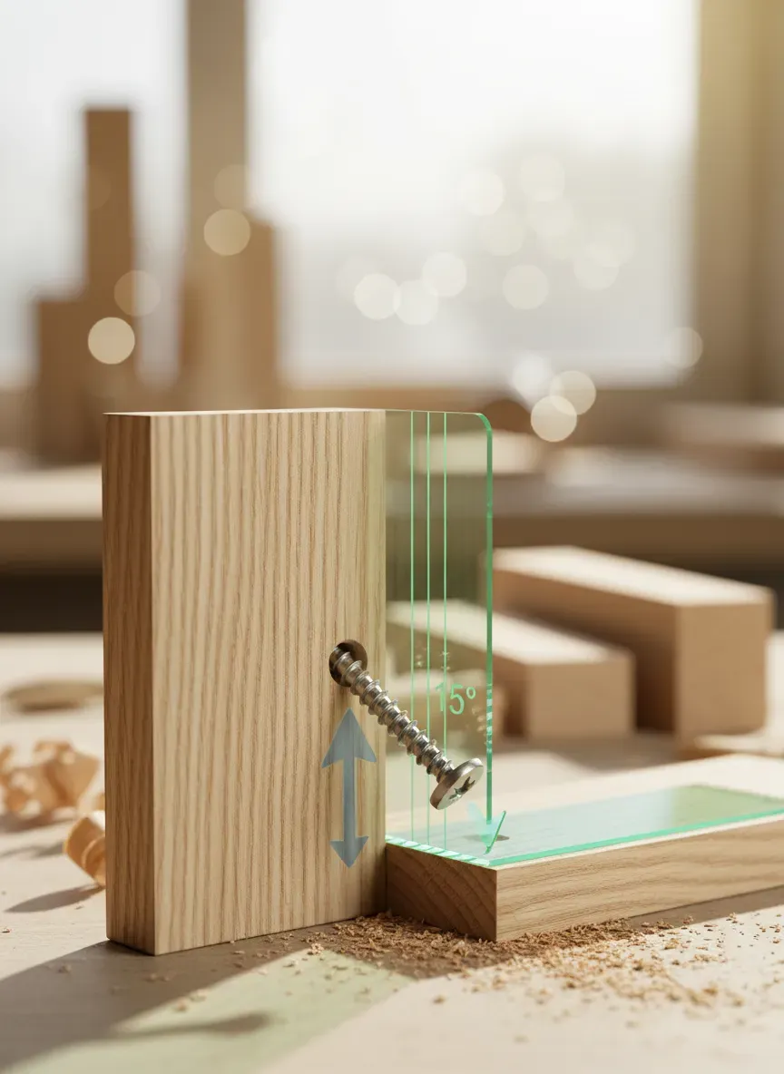 Pocket hole joinery diagram showing screw angle and wood grain alignment
