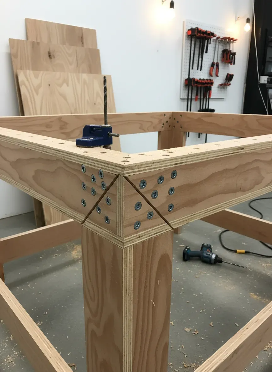 Heavy duty plywood workbench frame assembled with pocket screws