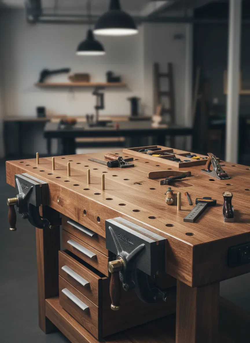 Modular shop hub workbench with bench dogs and integrated vises