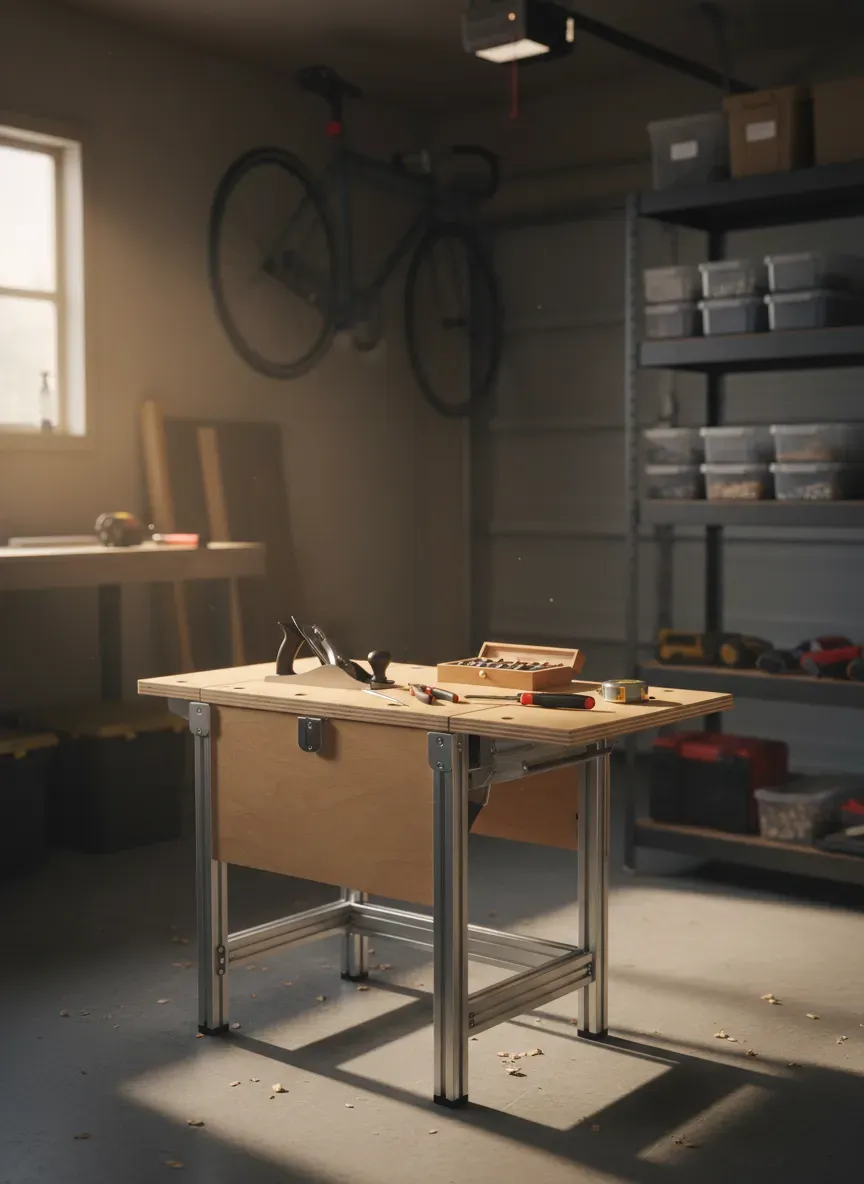 Compact folding workbench in a small one-car garage workshop