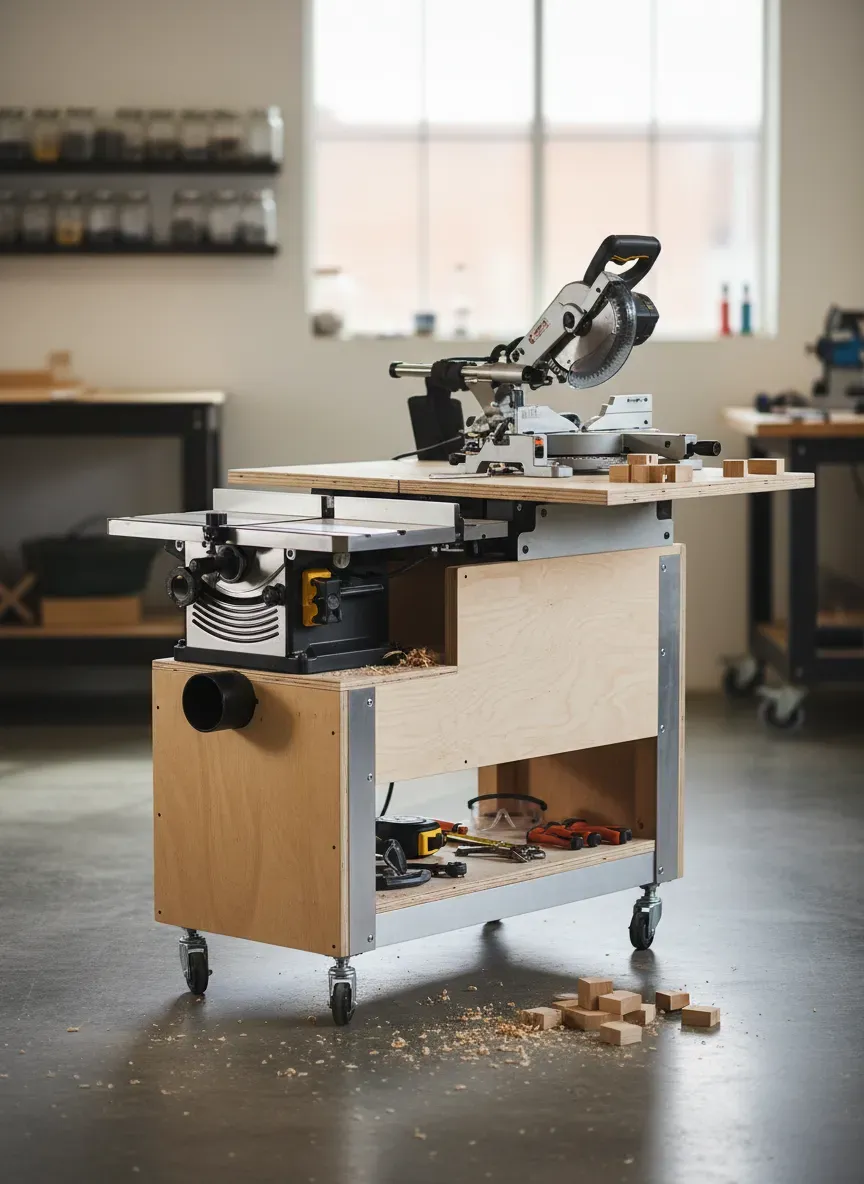 Flip-top tool stand with a thickness planer and miter saw