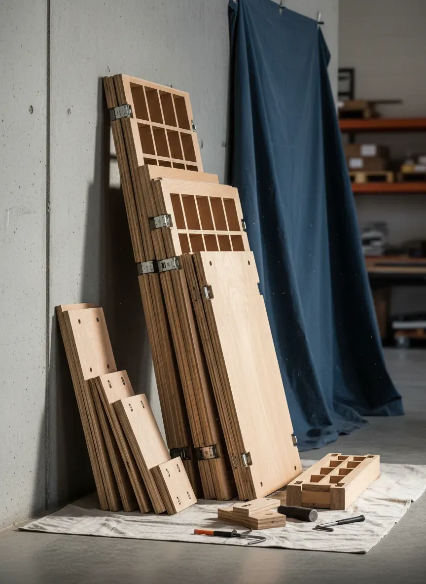 Knock-down torsion box workbench disassembled against a wall