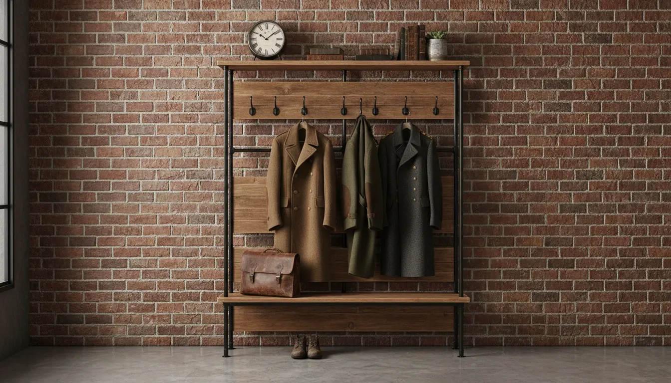 A metal and wood industrial style hall tree situated against a brick wall with vintage coats hanging on the hooks
