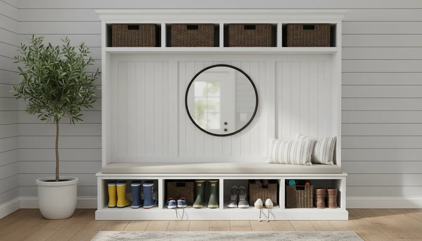 A wide white farmhouse hall tree with four cubbies and wicker baskets underneath, filled with family shoes and rain boots