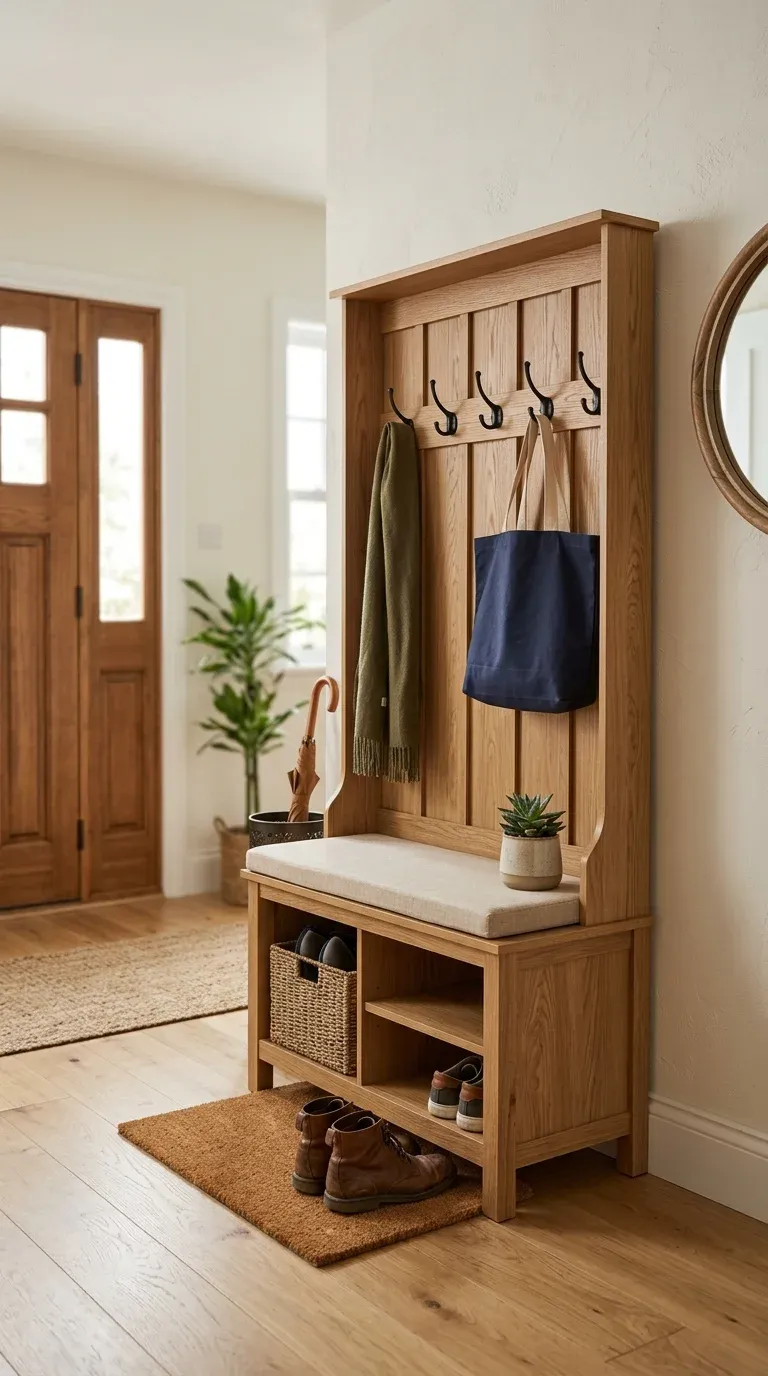 Original Photography: Real-world entryway setup with natural oak finish