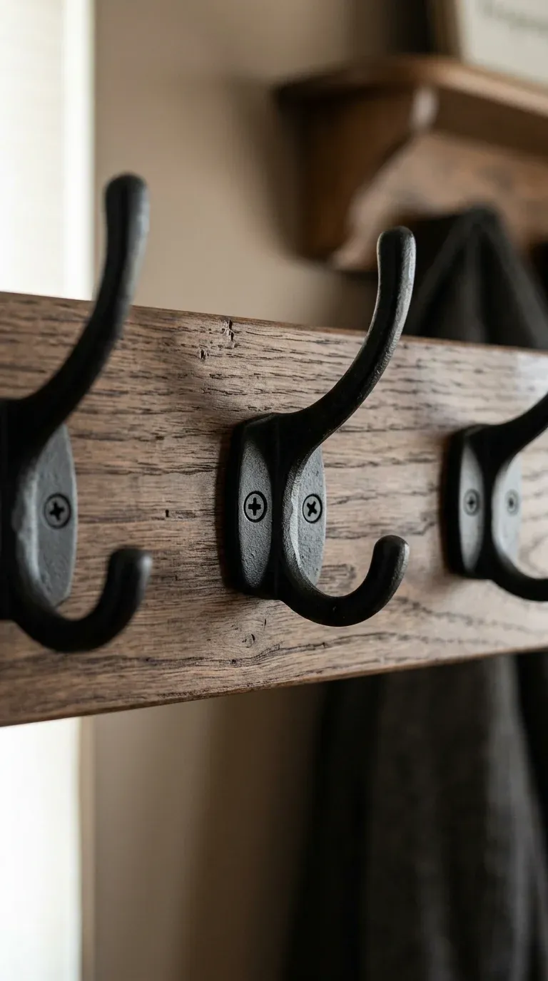 Original Photography: Close-up of black metal hooks showing solid hardware alignment