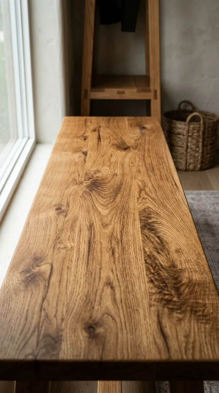 Original Photography: Solid wood bench surface under light showing real wood grain texture