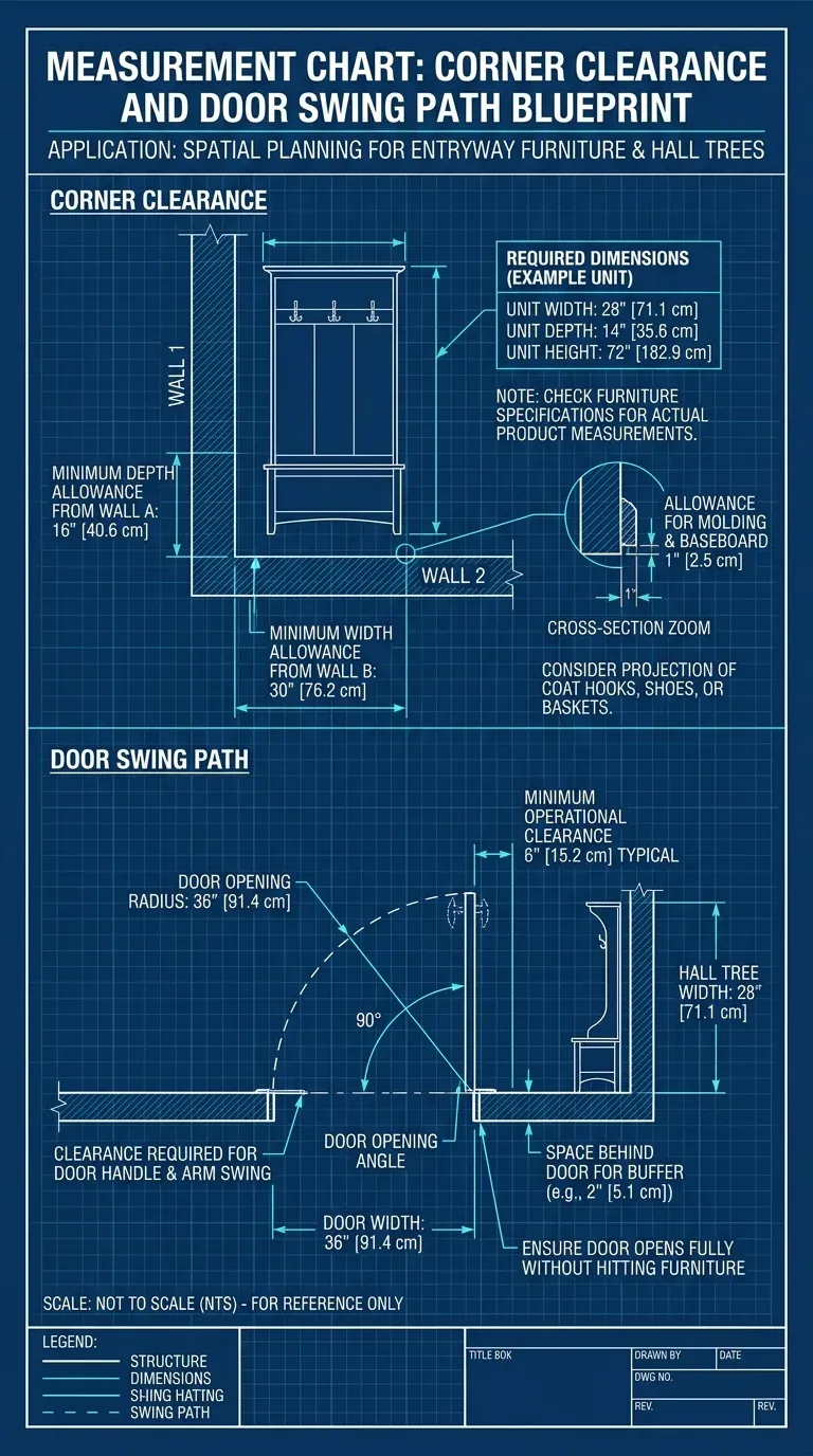 Measurement Chart: Corner clearance and door swing path blueprint