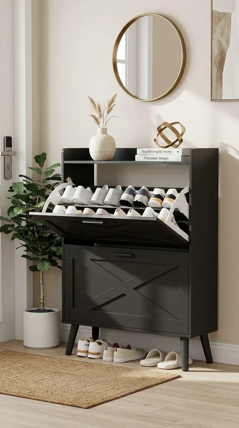 Farmhouse hidden shoe storage cabinet with louvered doors closed in an entryway, shoes concealed behind the wood