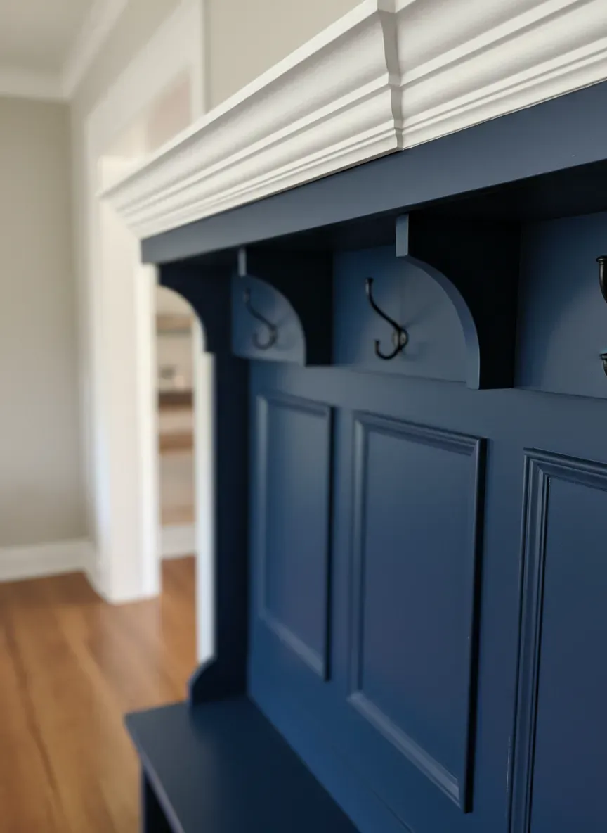 Detailed view of stacked crown molding crowning a deep blue entryway hall tree