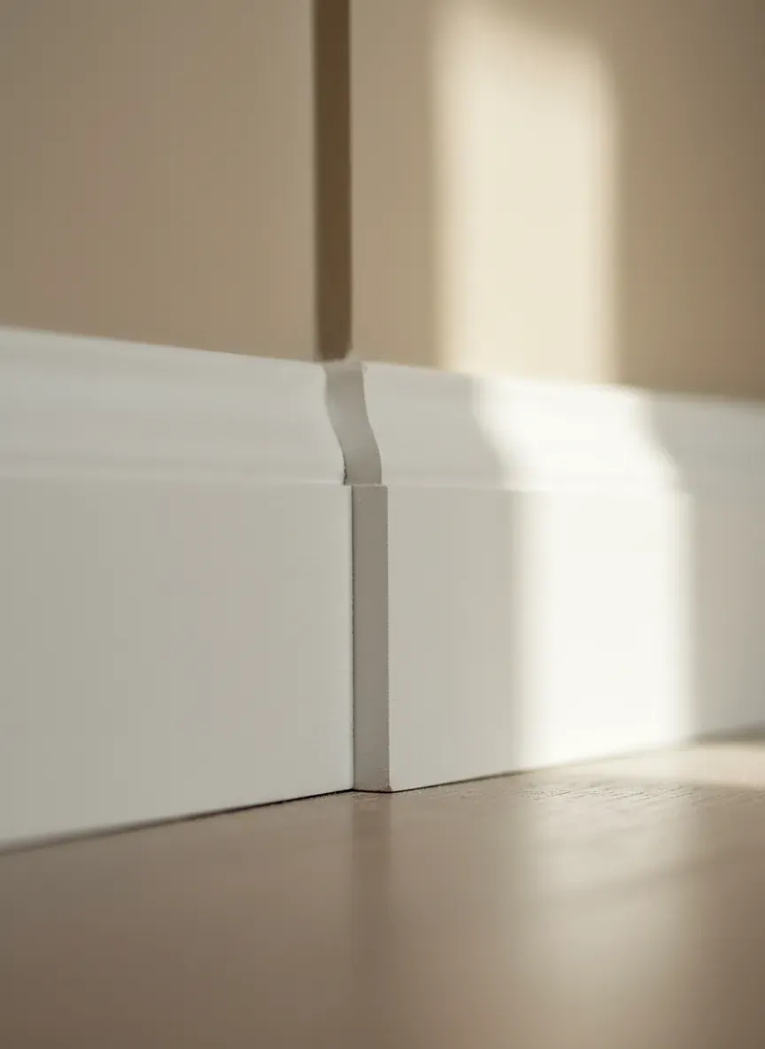 A close-up of a perfectly coped inside corner joint on primed baseboard trim