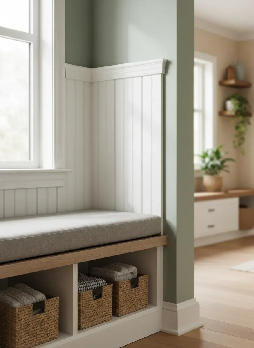 Freshly caulked and painted fluted casing wrapping around a DIY mudroom bench