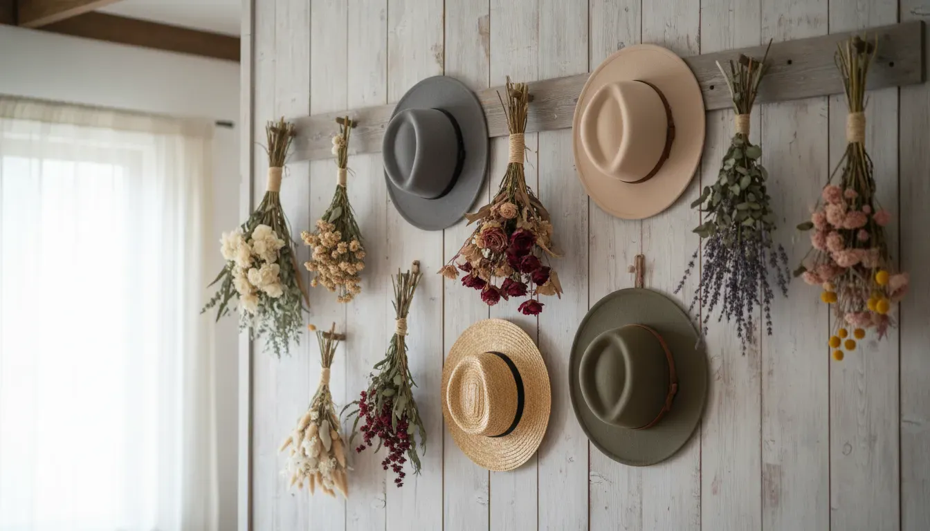 A creative display of dried flowers and wide brimmed hats hanging on wooden wall hooks