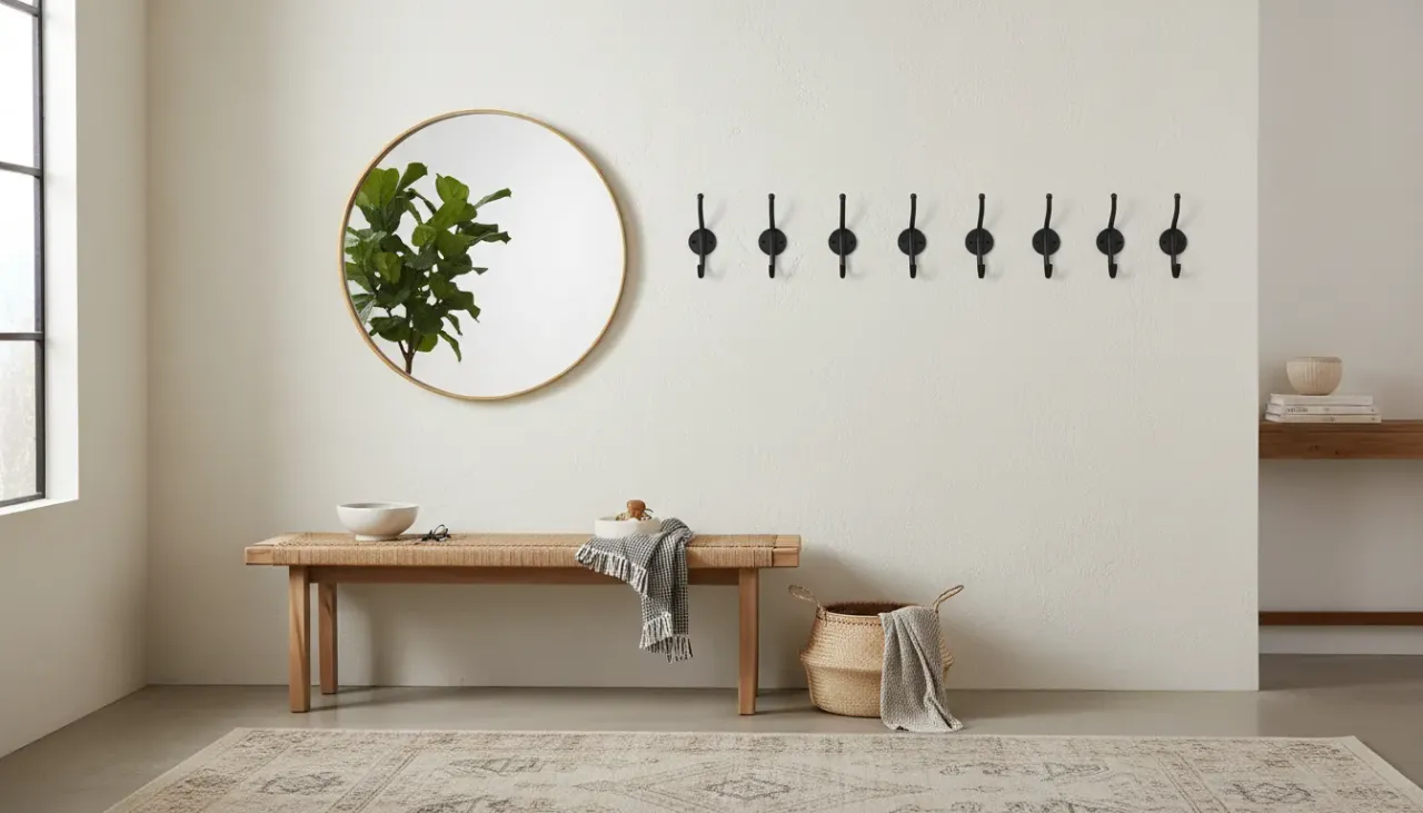 A stylish entryway featuring a curated selection of wall hooks holding coats and hats against a neutral wall.