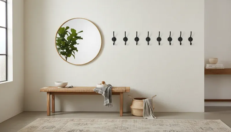 A stylish entryway featuring a curated selection of wall hooks holding coats and hats against a neutral wall.