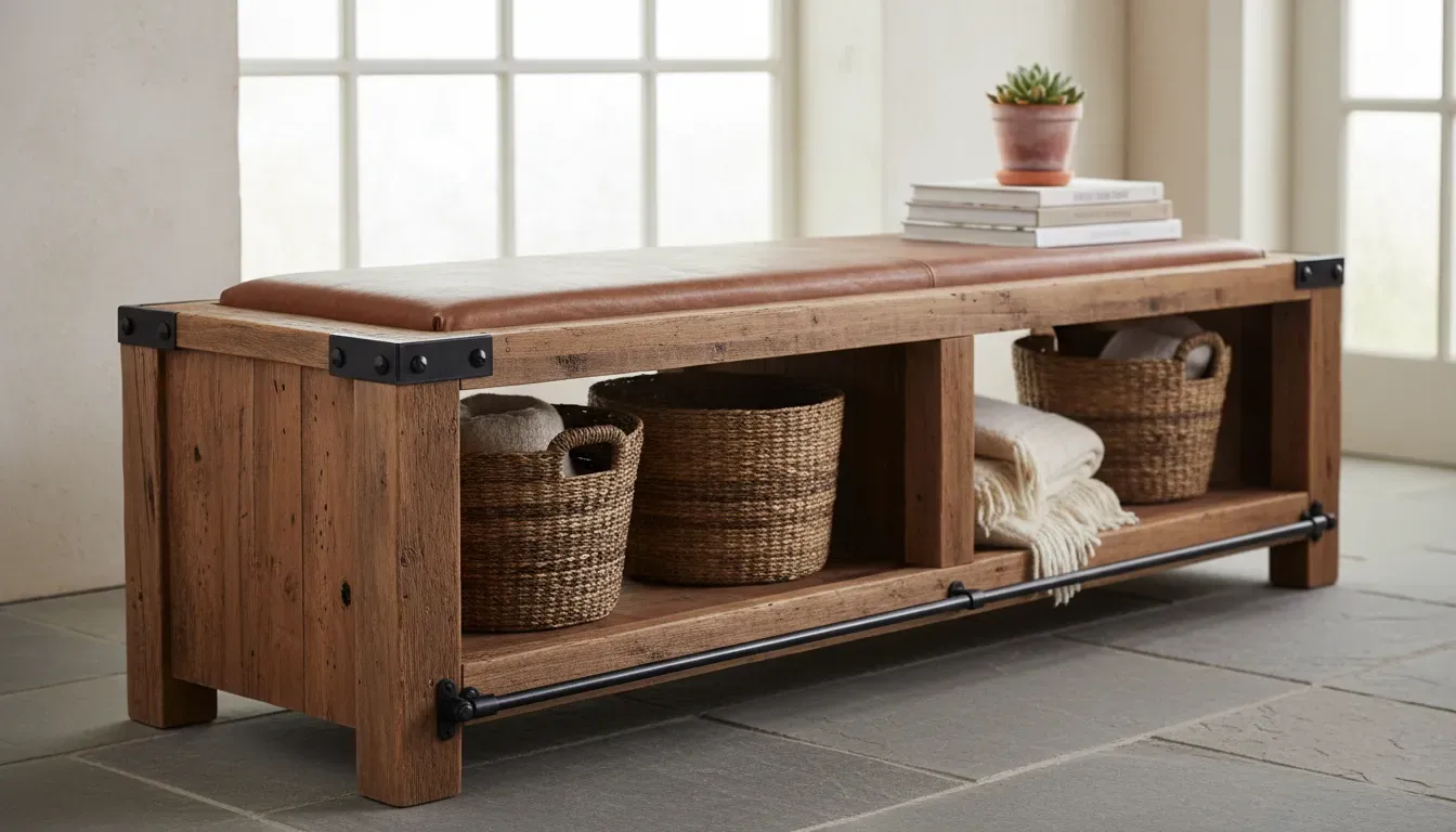 A detailed close-up of a rustic wood entryway bench featuring open shelving and metal accents