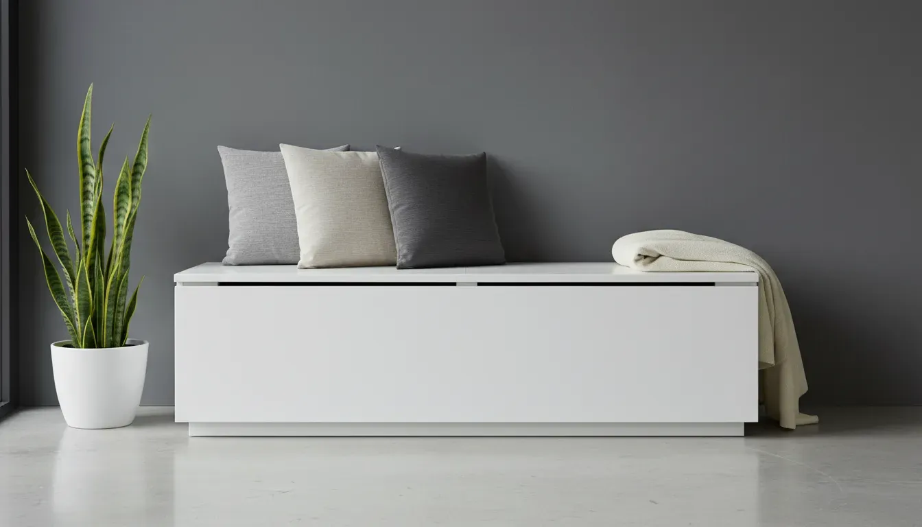 A minimalist white flip-top bench with pillows situated against a gray wall