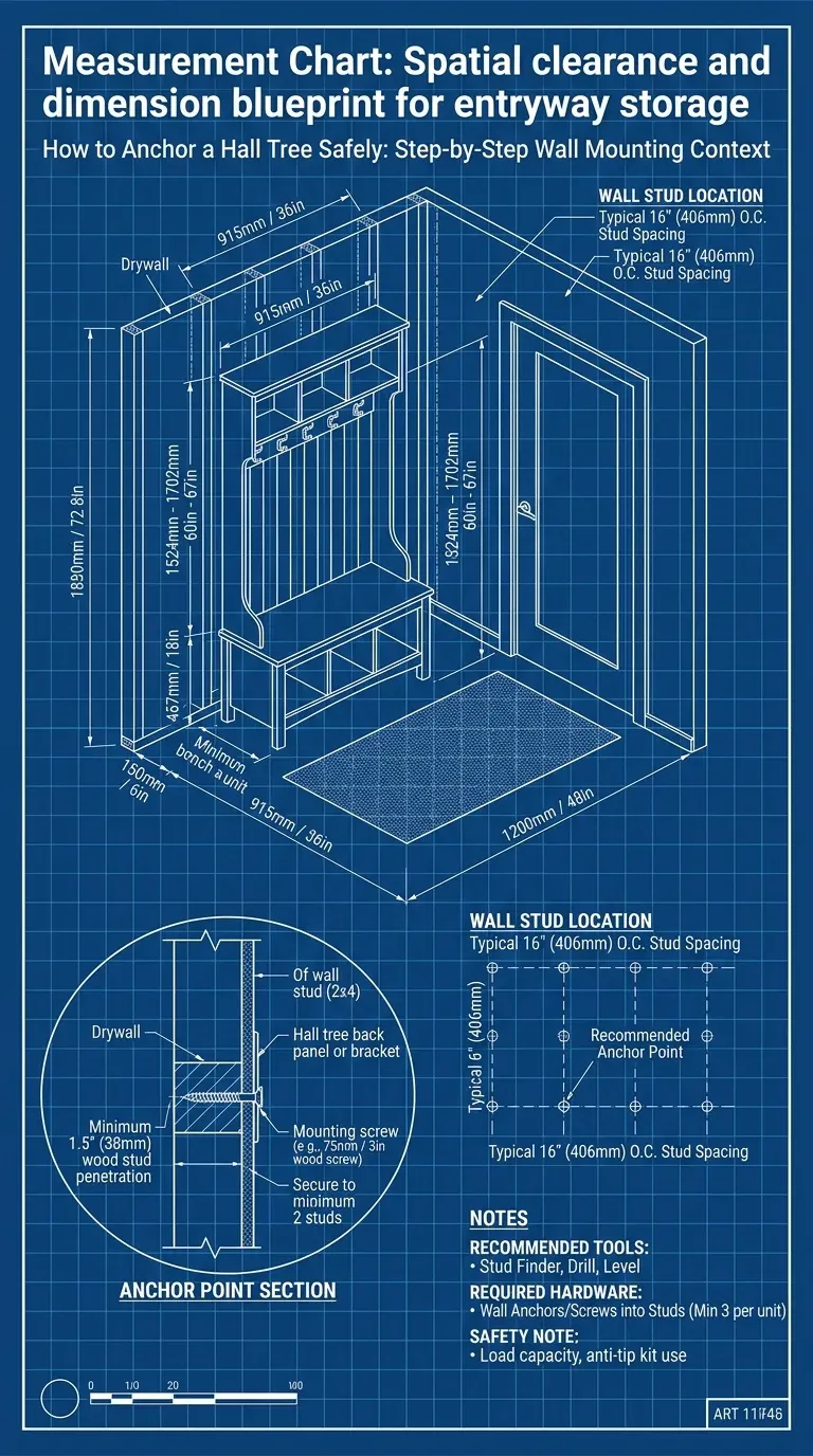 Measurement Chart: Spatial clearance and dimension blueprint for entryway storage
