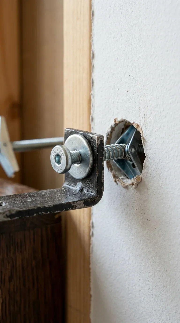 Original Photography: Close-up of heavy-duty toggle bolt installation in drywall context