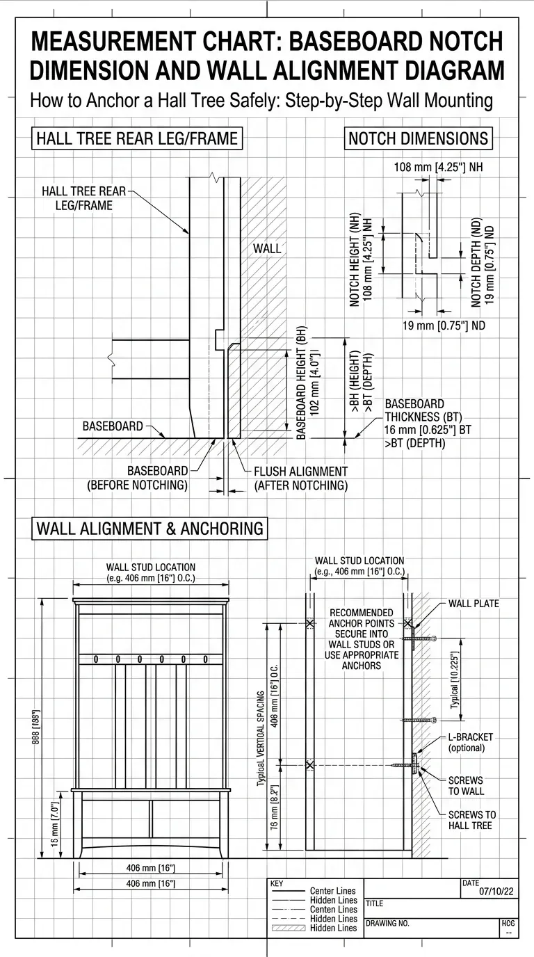 Measurement Chart: Baseboard notch dimension and wall alignment diagram