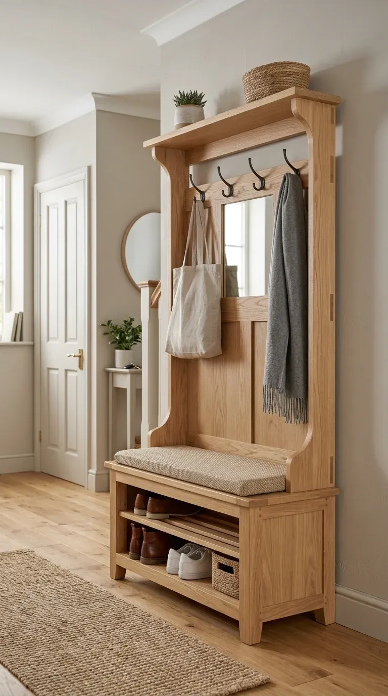 Original Photography: Real-world entryway setup with natural oak finish