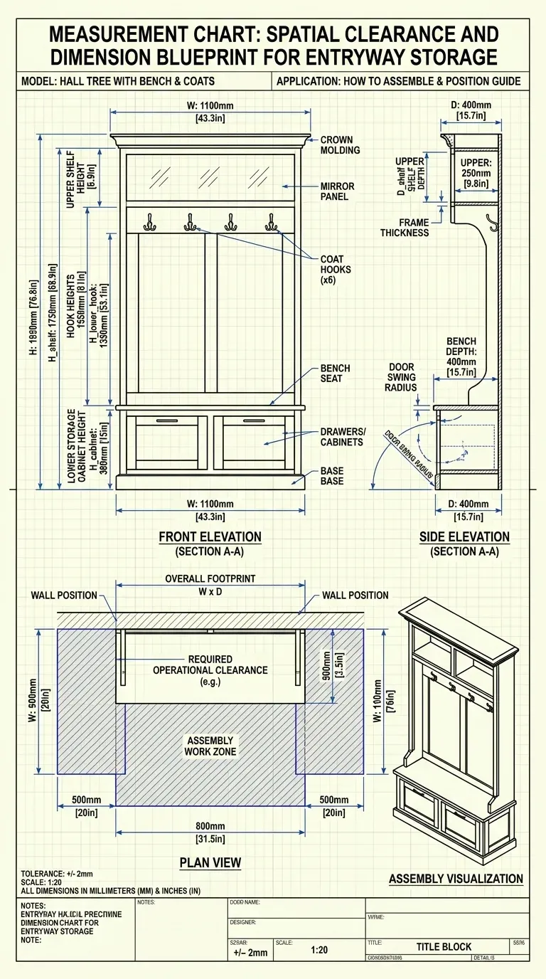 Measurement Chart: Spatial clearance and dimension blueprint for entryway storage