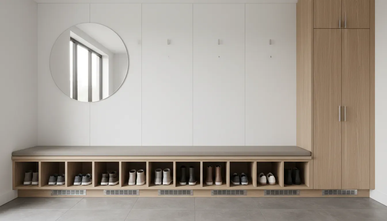 Modern mudroom with designated shoe cubbies and ventilation