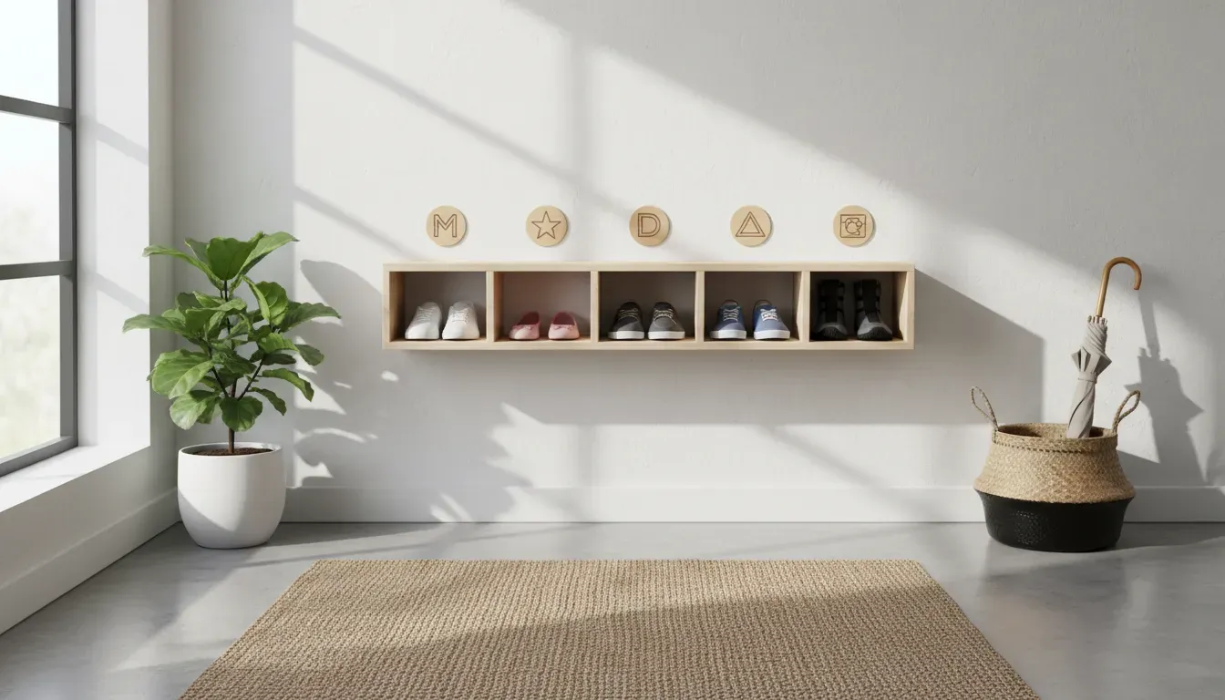 Minimalist shoe rack with clearly labeled sections for family members