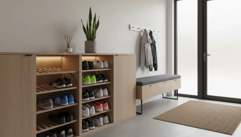 A pristine modern entryway featuring a slim, tip-out shoe cabinet and a minimalist aesthetic, completely free of athletic shoe clutter.