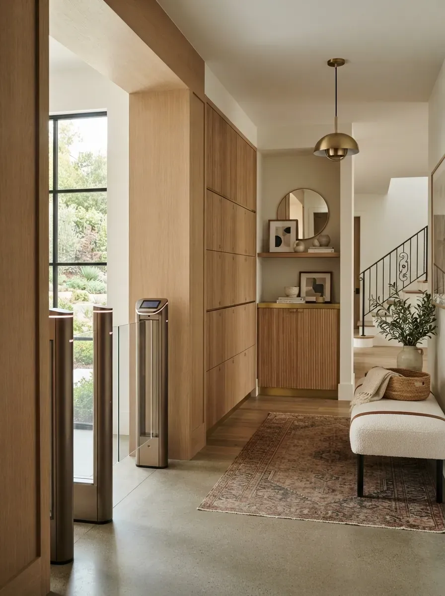 A seamless venue entryway combining rapid scanner gates and adjacent self-service storage units