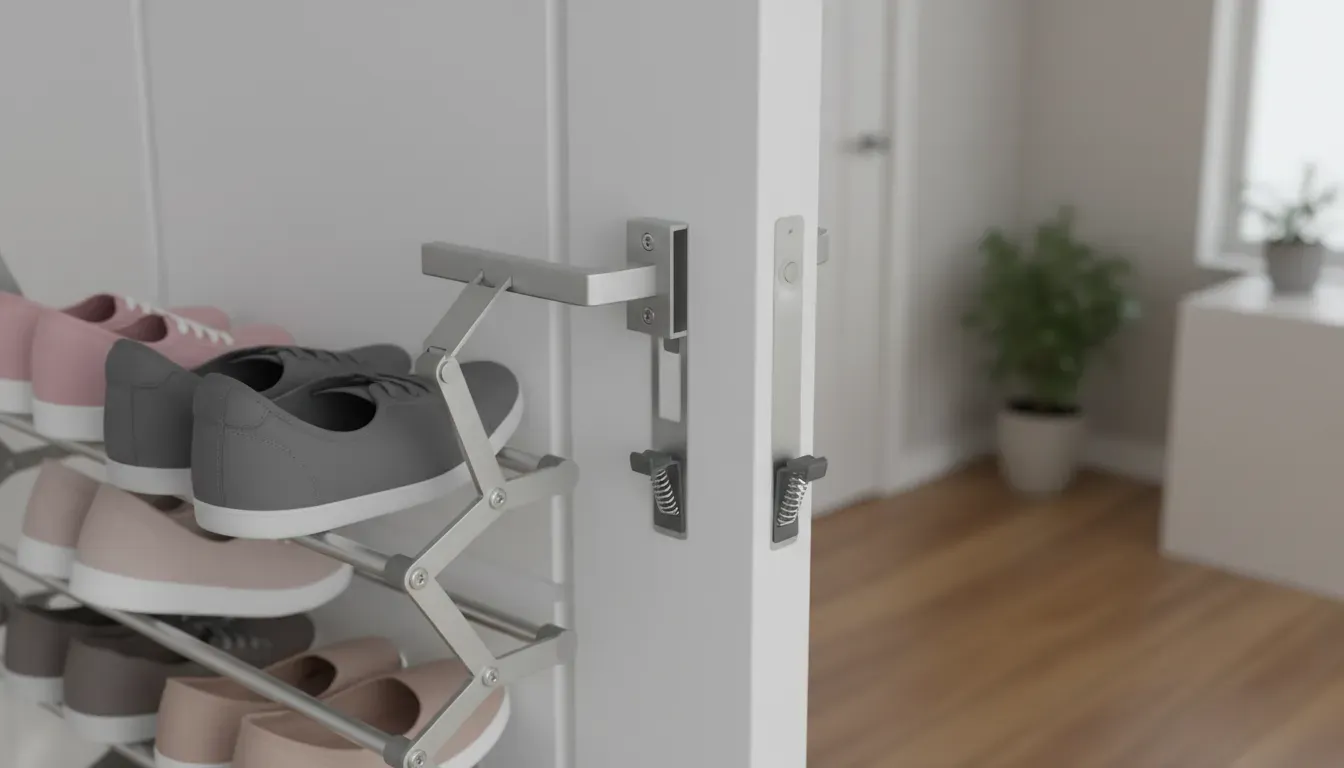 A close up detail of a metal over-the-door shoe rack showing the adjustable brackets and secure mounting clips to prevent swinging
