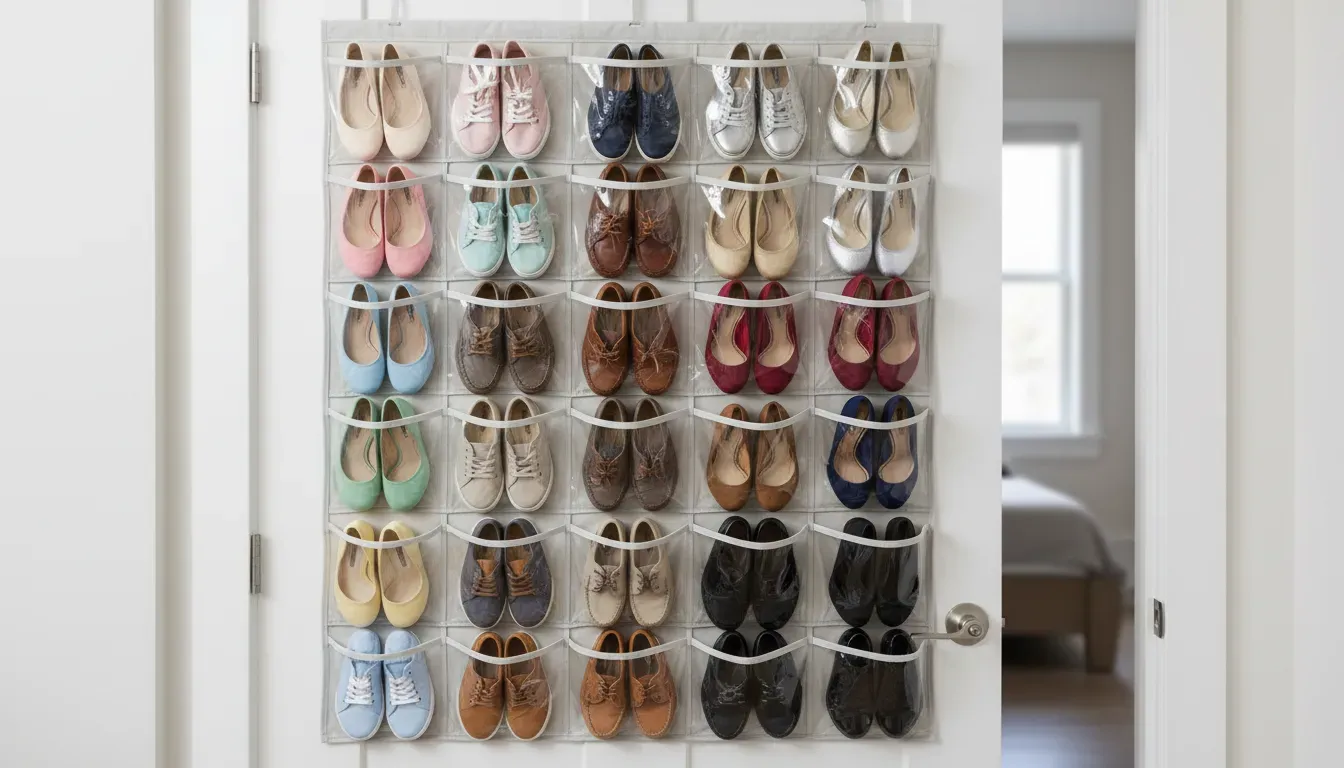 A perfectly organized fabric shoe organizer on a door with shoes sorted by color and style for a clean aesthetic look