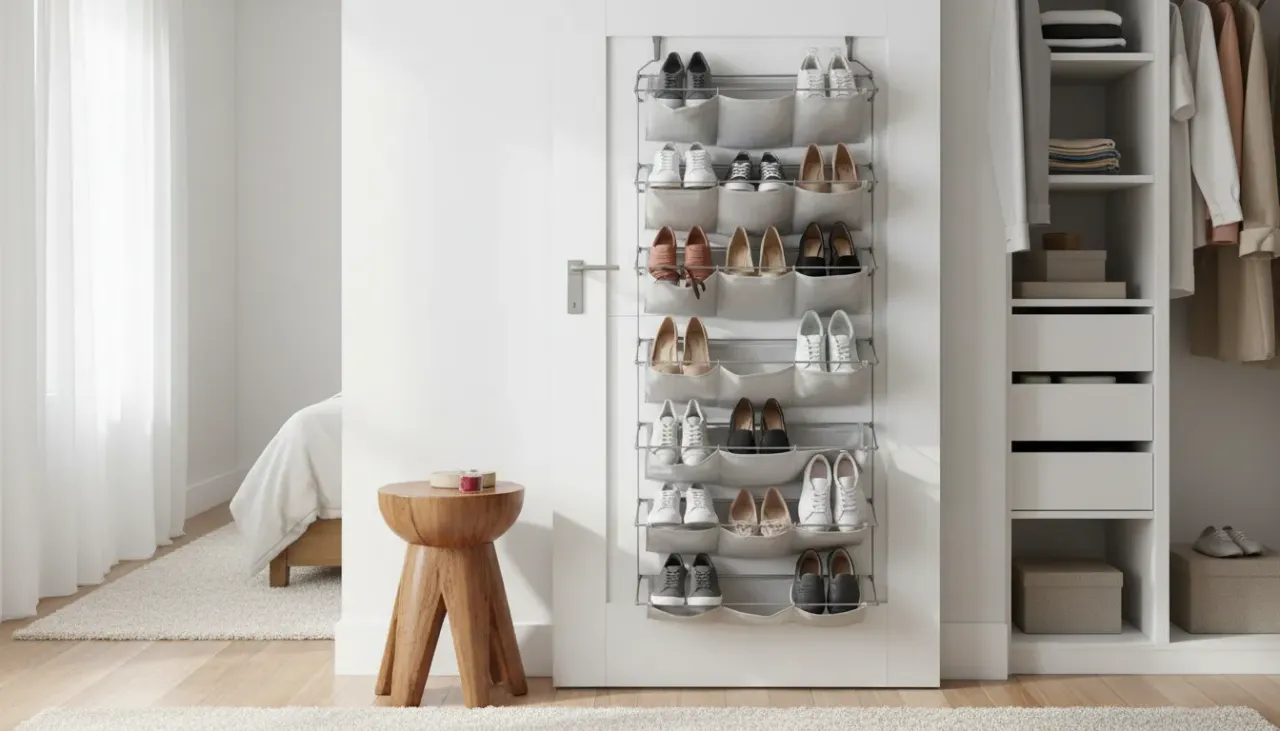 A neatly organized collection of shoes stored on a white metal rack behind a white wooden door in a modern minimalist entryway