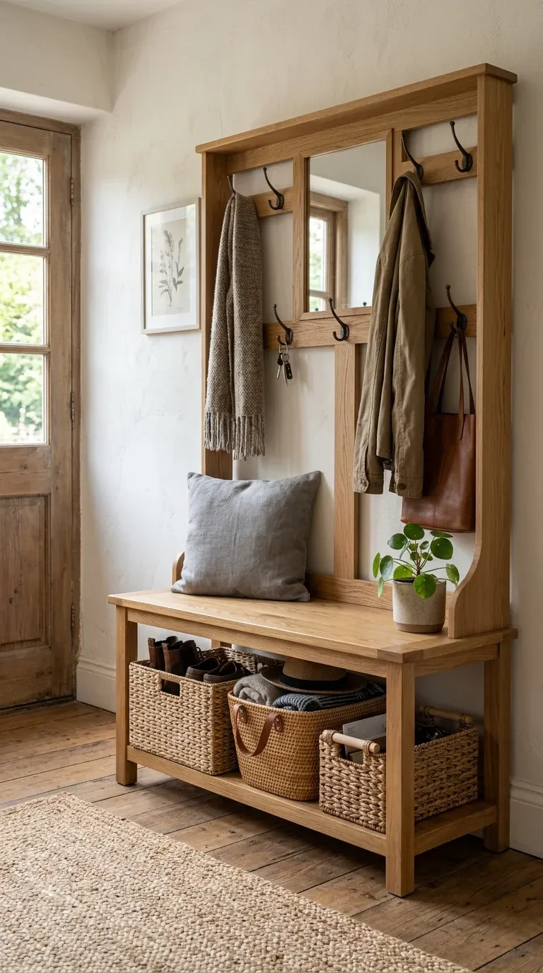 Original Photography: Real-world entryway setup with natural oak finish