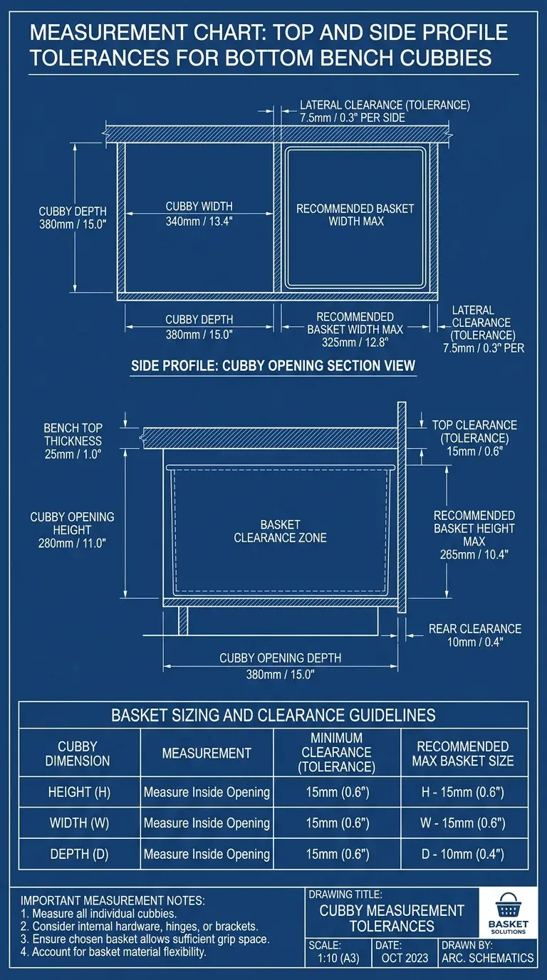Measurement Chart: Top and side profile tolerances for bottom bench cubbies