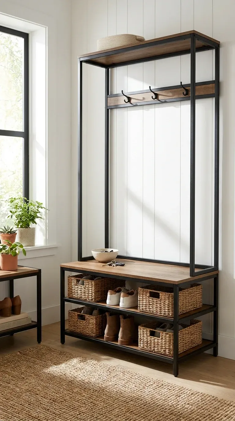 A tidy entryway featuring a black hall tree with organized shoes in lower bins and keys neatly placed in an entry bowl.