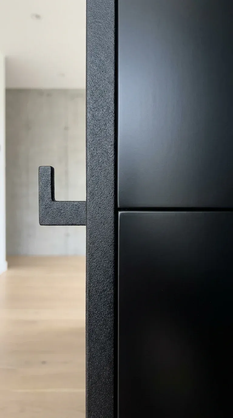 Macro close-up showing the difference between a textured matte powder-coated steel finish and a smooth painted MDF black finish.