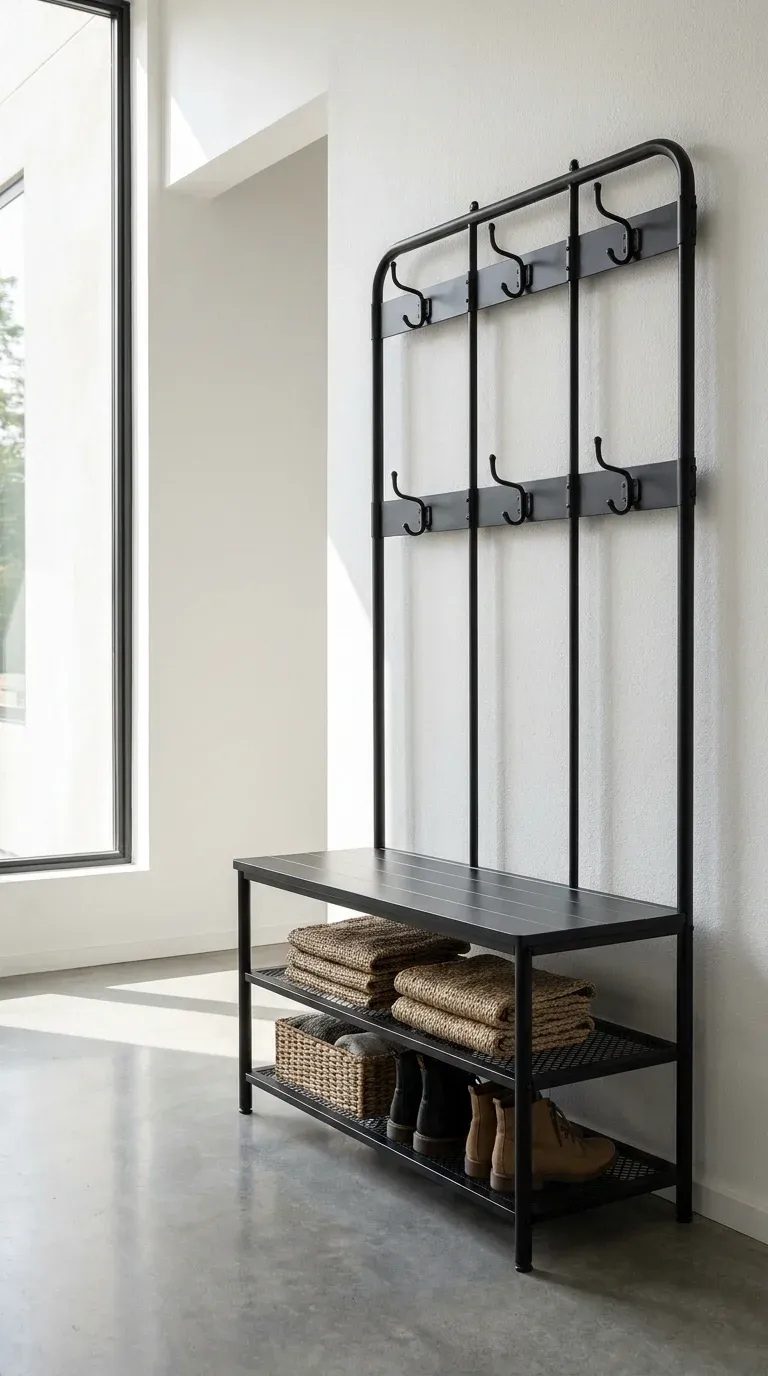 Detailed shot of the VASAGLE Industrial Black Hall Tree, emphasizing its steel mesh shelves and multi-hook layout.