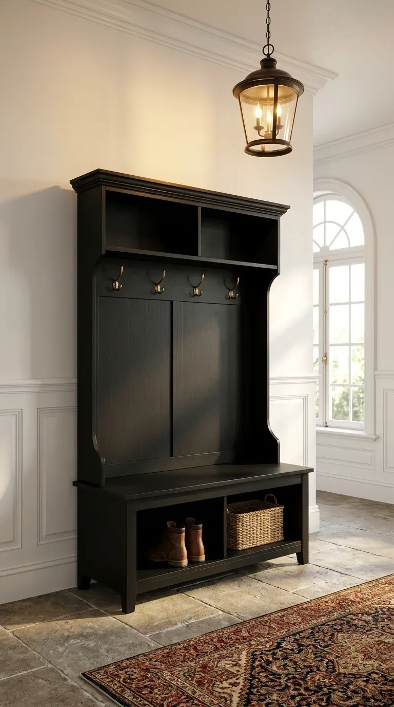 A traditional Crosley Newport Black Hall Tree situated in a classic entryway with wainscoting and warm overhead lighting.