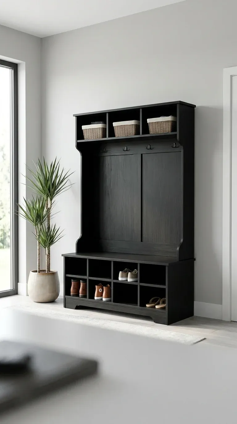 The Prepac Black Entryway Organizer highlighting its individual shoe cubbies and integrated top storage shelf.