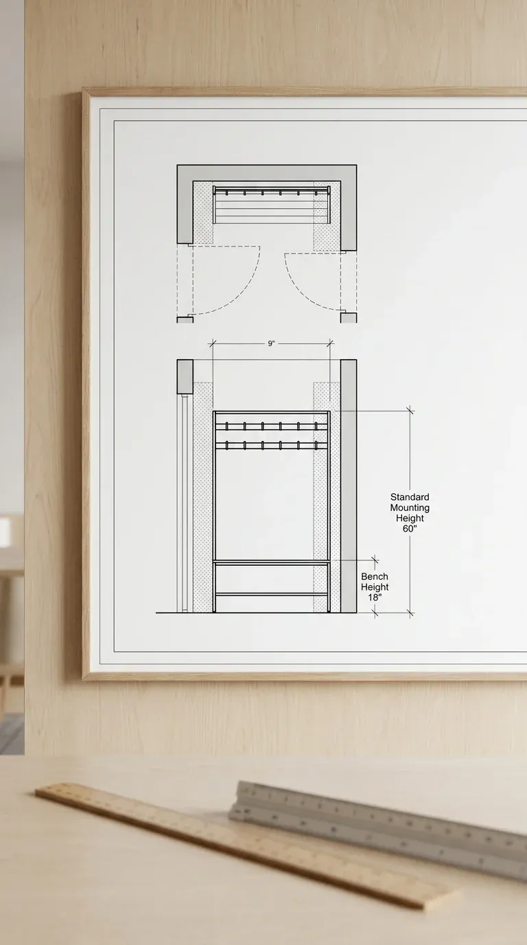 An architectural diagram showing clearance zones, door swing paths, and standard mounting heights for an entryway hall tree.