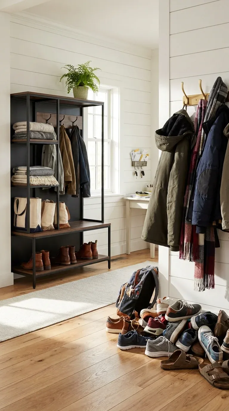 A comparison showing a neat, organized hall tree on the left versus a cluttered entryway with a basic wall hook and shoe pile on the right.