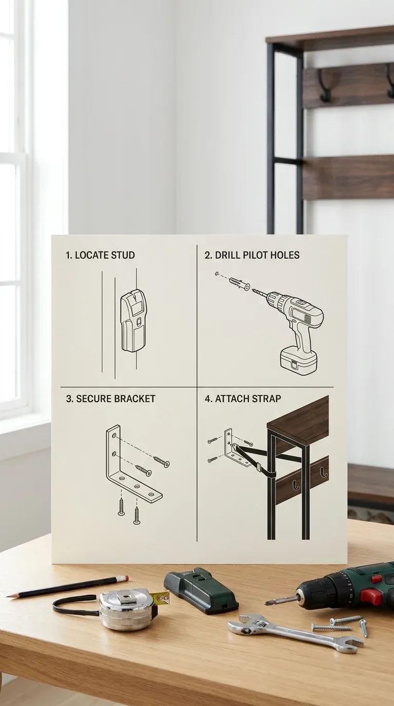 Step-by-step technical illustration showing how to install a heavy-duty anti-tip bracket into a wall stud.