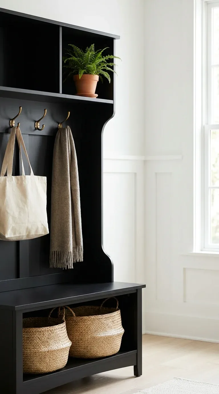 An editorial photo showing a black hall tree styled with warm brass hooks, woven storage baskets, and a small green potted plant.