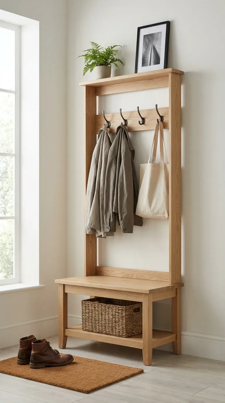 Original Photography: Real-world entryway setup with natural oak finish