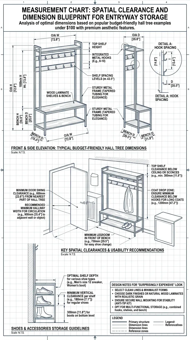 Measurement Chart: Spatial clearance and dimension blueprint for entryway storage