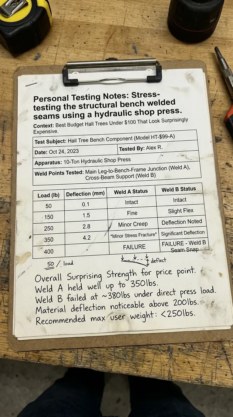 Personal Testing Notes: Stress-testing the structural bench welded seams using a hydraulic shop press